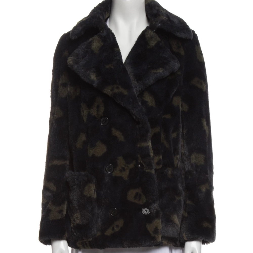 Zadig & Voltaire Miles Leo Print Teddy Coat In Green and Black Short Jacket L